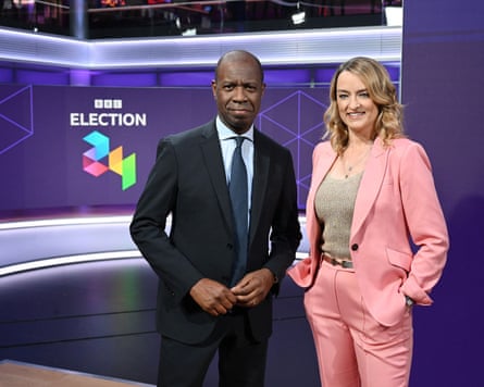 Clive Myrie and Laura Kuenssberg on election night, London, 4 July 2024.