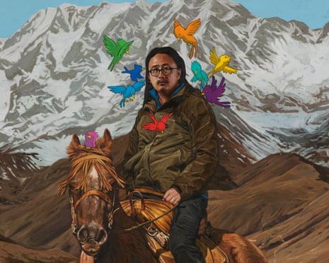 A painting of Jason Chu on a horse in front of a snowy moutain, with brightly coloured birds flying around him