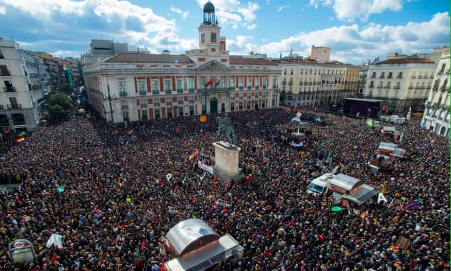 Podemos supporters in Madrid last year: ‘Disenchantment with politics is everywhere in Europe: from Podemos’ attack on la casta in Spain to the successes of the Five Star Movement in Italy.’