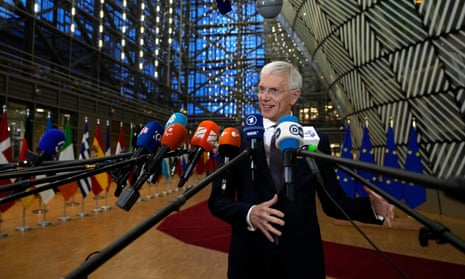 Latvia's Foreign Minister Krišjānis Kariņš speaks with the media.