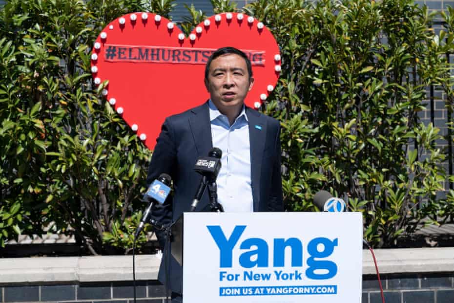 Andrew Yang addressed pandemic and how city should recover from it at Elmhurst Hospital, New York, on 13 Apr 2021.