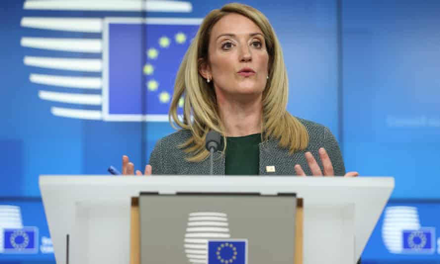 President of the European Parliament, Roberta Metsola holds a press conference ahead of EU Leaders’ Summit in Brussels on May 30, 2022.