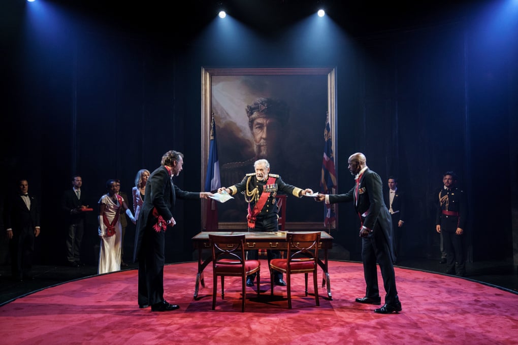 From left, Dominic Mafham as Albany, Ian McKellen as Lear and Patrick Robinson as Cornwall in Chichester festival theatre’s King Lear.