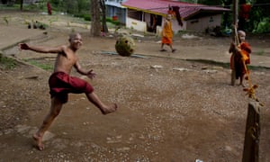 Burmese monks play a game of Sepak Takraw