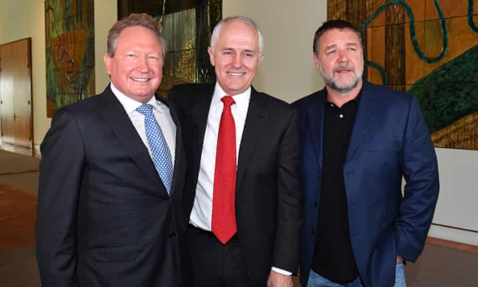 Australian businessman Andrew ‘Twiggy’ Forrest, Australian Prime Minister Malcolm Turnbull and New Zealand actor Russell Crowe at an event unveiling one of Australia’s largest philanthropic donations
