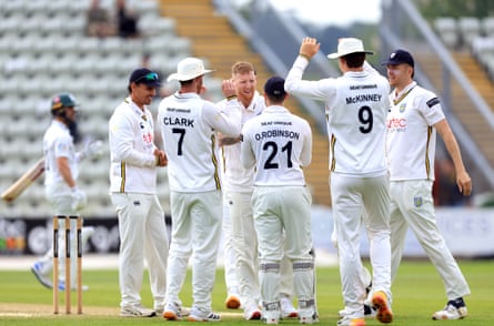Ben Stokes is congratulated on the wicket of Worcestershire's Daniel Lategan
