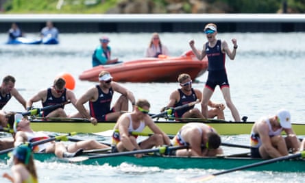 Harry Brightmore, of Britain, celebrates gold in the men's eight rowing final
