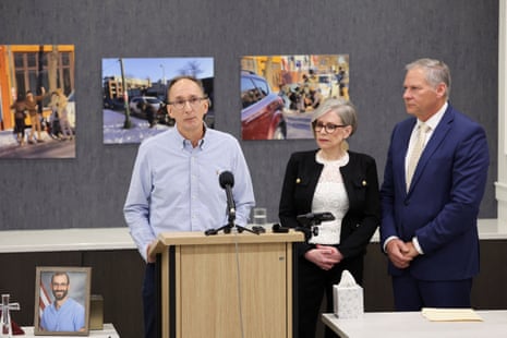 Michael Pretti, father of fatally shot nurse Alex Pretti, speaks at a podium with others nearby
