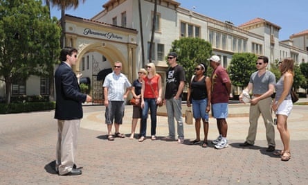 Guests outside the Paramount studio backlot on a guided tour. Los Angeles, US