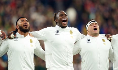 England's Manu Tuilagi, Maro Itoje, and Jamie George sing their national anthem ahead of the Rugby World Cup 2023 semi final match against South Africa.