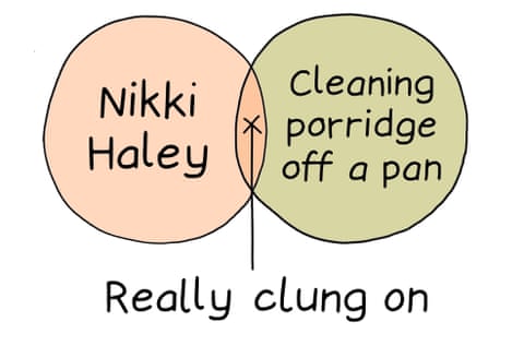 1. Venn diagram with ‘Britain’s pipes’ in one circle and ‘Makeup brushes’ in the other, with ‘Ancient sites of slowly accumulating filth’ underneath. 2. Venn diagram with ‘Nikki Haley’ in one circle and ‘Cleaning porridge off a pan’ in the other, with ‘Really clung on’ underneath. 3. Venn diagram with ‘The press reporting on Kate Middleton’s whereabouts’ in one circle and ‘Small child petting an animal’ in the other, with ‘Supposedly done with interest and affection but looks more like relentless harassment’ underneath, panel 2