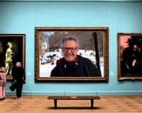 Illustration showing a portrait of Jonathan Biggins in a giant frame in an art gallery