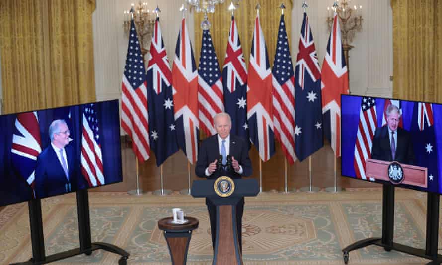 Biden, flanked by Scott Morrison and Boris Johnson, announces the creation of an enhanced trilateral security partnership, called ‘Aukus’.