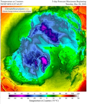 The five-day forecast maximum temperatures over the Arctic from Tuesday 20 December 2016.