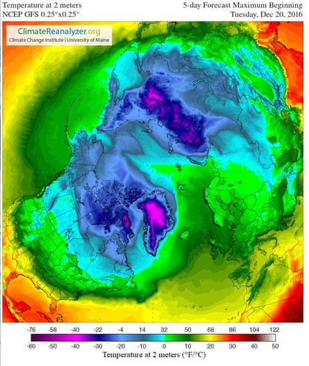 The five-day forecast maximum temperatures over the Arctic from Tuesday 20 December 2016.