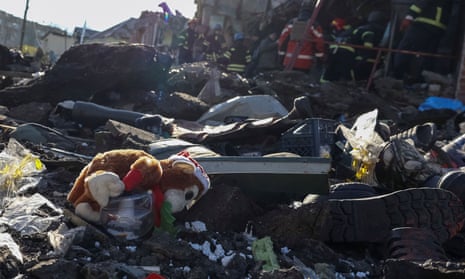 A stuffed animal lies amid the rubble in the Shevchenkove town, Kharkiv region, Ukraine.