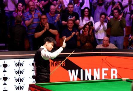 Zhao Xintong celebrates after beating Ronnie O’Sullivan to reach the final
