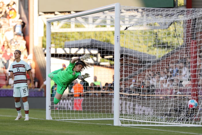 Portugal goalkeeper Ines Pereira is beaten by a Damaris Egurrola header which gives the Netherlands the lead.