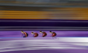 Team Canada in the finals of the men’s team pursuit Speed Skating race.