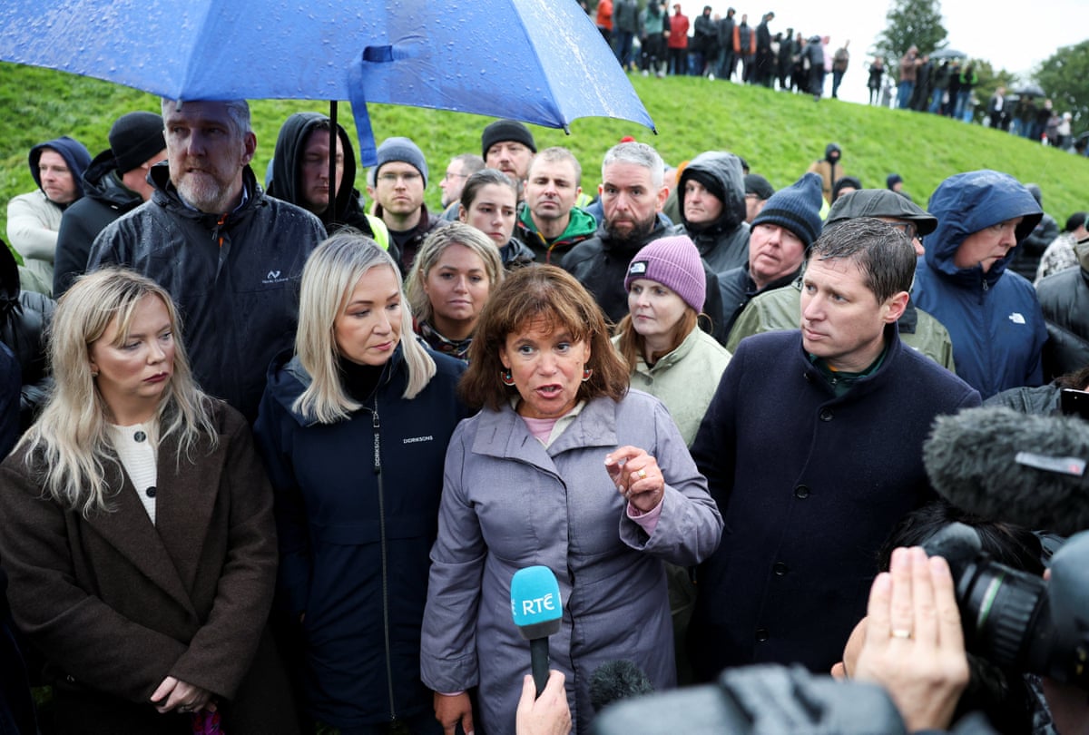 Mary Lou McDonald, leader of Irish republican and democratic socialist political party Sinn Fein, speaks to media at the Garvaghy road