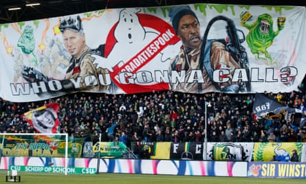 Den Haag fans unfurl a Ghostbusters-themed banner at Pardew and Powell’s first match.