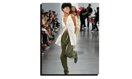 A model dances down the catwalk at the Deveaux show at New York fashion week, September 2019.