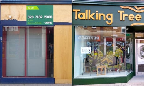 Before and after: the Talking Tree climate emergency centre in a former William Hill betting shop in Staines, Surrey
