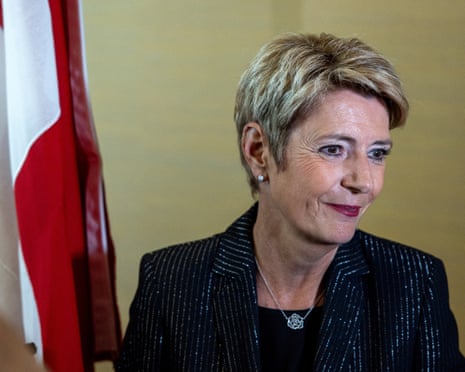 Swiss president Karin Keller-Sutter talks to the media after a news conference in Geneva in May.