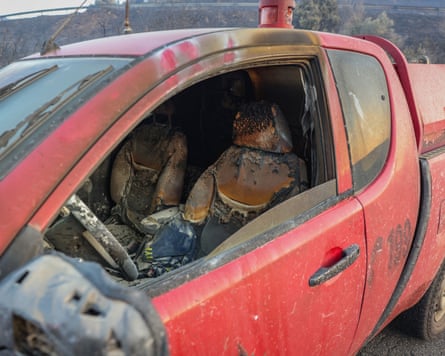 The remains of a firefighting vehicle seen south of Rethymno in Crete