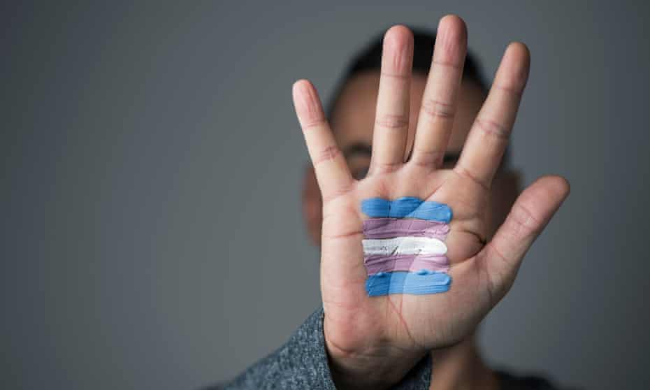 transgender flag in the palm of the hand