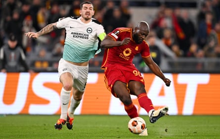 Roma’s Romelu Lukaku scores against Brighton