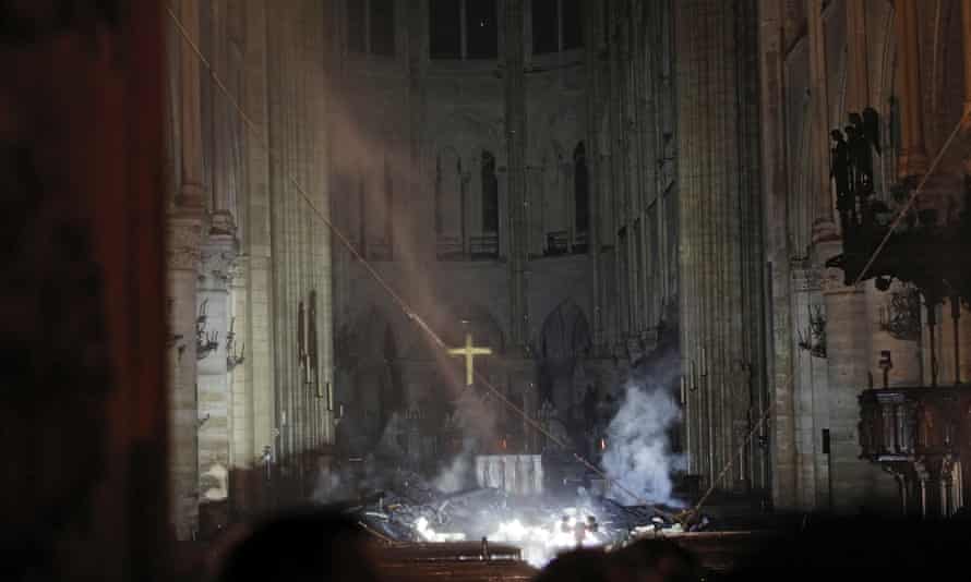 Smoke is seen in the interior of Notre Dame cathedral in Paris after the catastrophic fire engulfed the upper reaches of Paris’ soaring Notre Dame Cathedral.