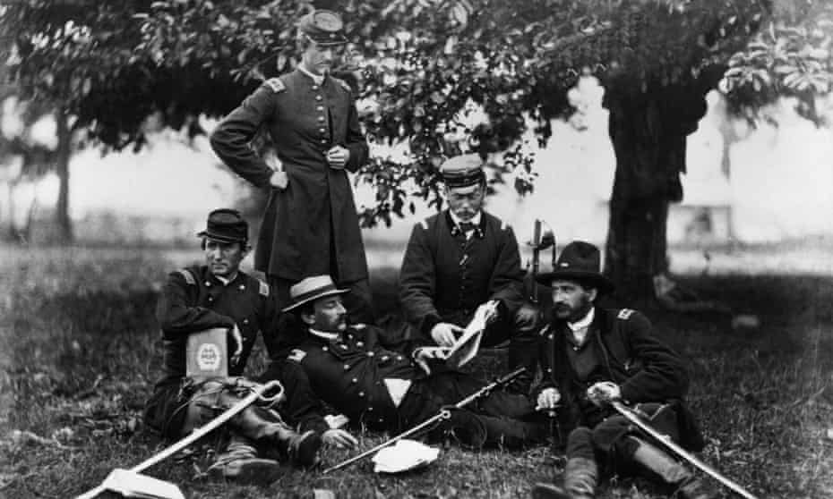 Five Union army officers in a field outside Fairfax, Virginia in June 1863.