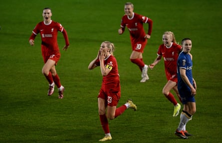Gemma Bonner (centre) celebrates scoring during the Women’s Super League match between Liverpool and Chelsea at Prenton Park on 1 May 2024