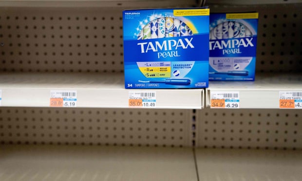 Two boxes of Tampax Pearl tampons are seen on a shelf at a store in Washington DC on 14 June. 