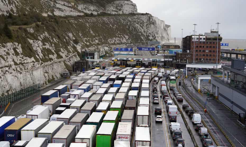 Freight and passenger queues waiting to check in at the Port of Dover.