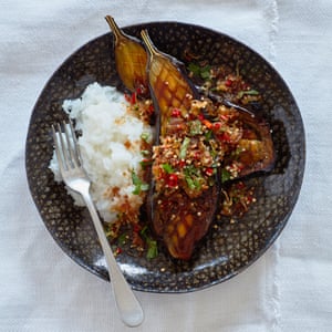 Meera Sodha’s aubergine larb with sticky rice and shallot and peanut salad.