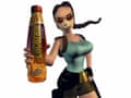 Lara Croft, with braided hair and sunglasses, holds up a bottle of Lucozade