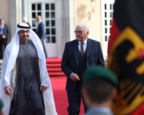 German president Frank Walter Steinmeier receives United Arab Emirates president Sheikh Mohamed bin Zayed Al Nahyan with military honours at Villa Borsig in Berlin, Germany.