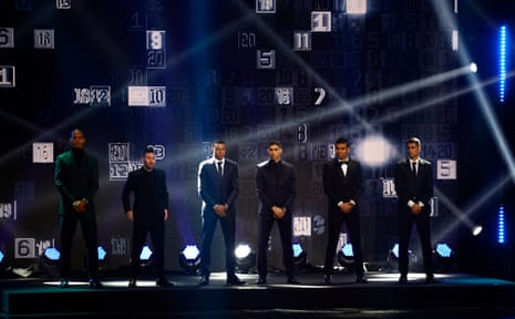 Virgil van Dijk, Lionel Messi, Kylian Mbappe, Achraf Hakimi, Casemiro and Joao Cancelo on stage.