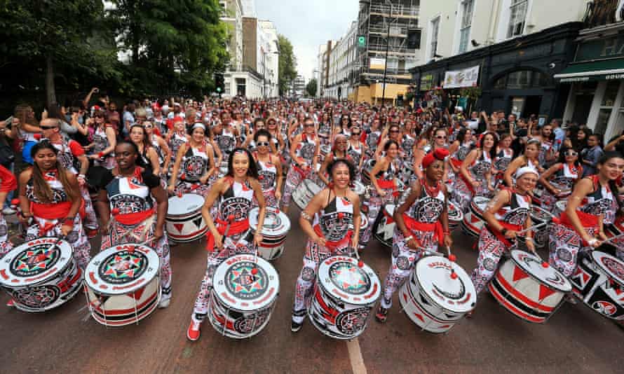 Samba drumming band Batala perform in the Monday parade during the second and final day of the Notting Hill Carnival, west London. PRESS ASSOCIATION Photo. Picture date: Monday August 29, 2016. See PA story SOCIAL Carnival. Photo credit should read: Jonathan Brady/PA Wire