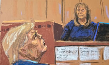 Former U.S. President Trump's criminal trial on charges of falsifying business records continues in New York<br>Rhona Graff testifies as former U.S. President Donald Trump looks on during Trump's criminal trial on charges that he falsified business records to conceal money paid to silence porn star Stormy Daniels in 2016, in Manhattan state court in New York City, U.S. April 26, 2024, in this courtroom sketch. REUTERS/Jane Rosenberg