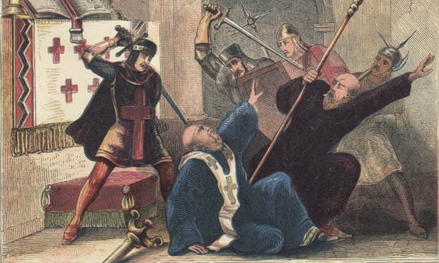 A depiction of the assassination of Thomas Becket, English saint, martyr, knight, chancellor and archbishop of Canterbury, is brutally murdered by four knights, Hugh de Merville, William de Tracy, Reginald Fitzurse and Richard le Breton, in Canterbury Cathedral at the request of King Henry II, 1170. (Photo by Hulton Archive/Getty Images) landscape;color;cathedral;aggression;violence;male;weapon;sword; Leaders;Personality;English;British;Europe;England;Britain;P5234 4729;P/BECKET/THOMAS CANTERBURY/(1118-1170);1170
