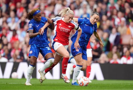 Arsenal’s Alessia Russo (centre) battles for the ball with Chelsea’s Kadeisha Buchanan and Lucy Bronze (right) during their 1-1 draw at the Emirates in October.