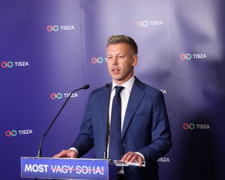Péter Magyar, leader of the opposition Tisza speaks on the day of parliamentary election in Budapest, Hungary.