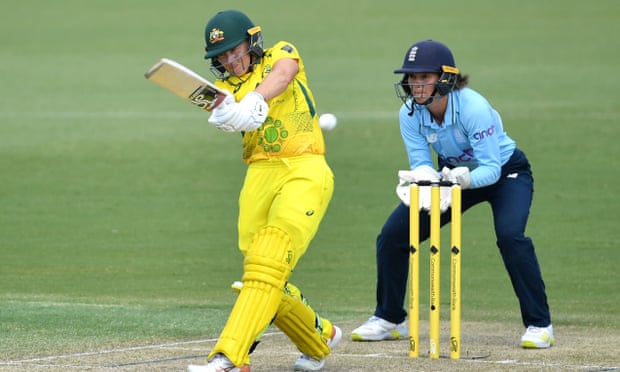 Alyssa Healy hits out during the Third Women’s ODI Ashes Match between Australia and England at Junction Oval in Melbourne.