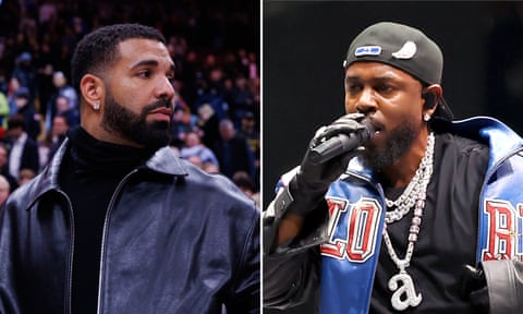 Drake at an NBA game, and Kendrick Lamar performing at the Super Bowl LIX half-time show.