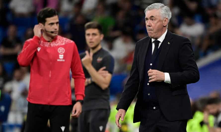 Real Madrid coach Carlo Ancelotti patrols the touchline against Levante.