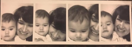 Strip of photos of Paula and her infant daughter