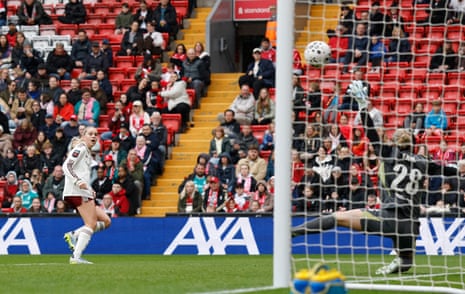 Arsenal's Alessia Russo scores their third goal, and her second of the game, at Liverpool.